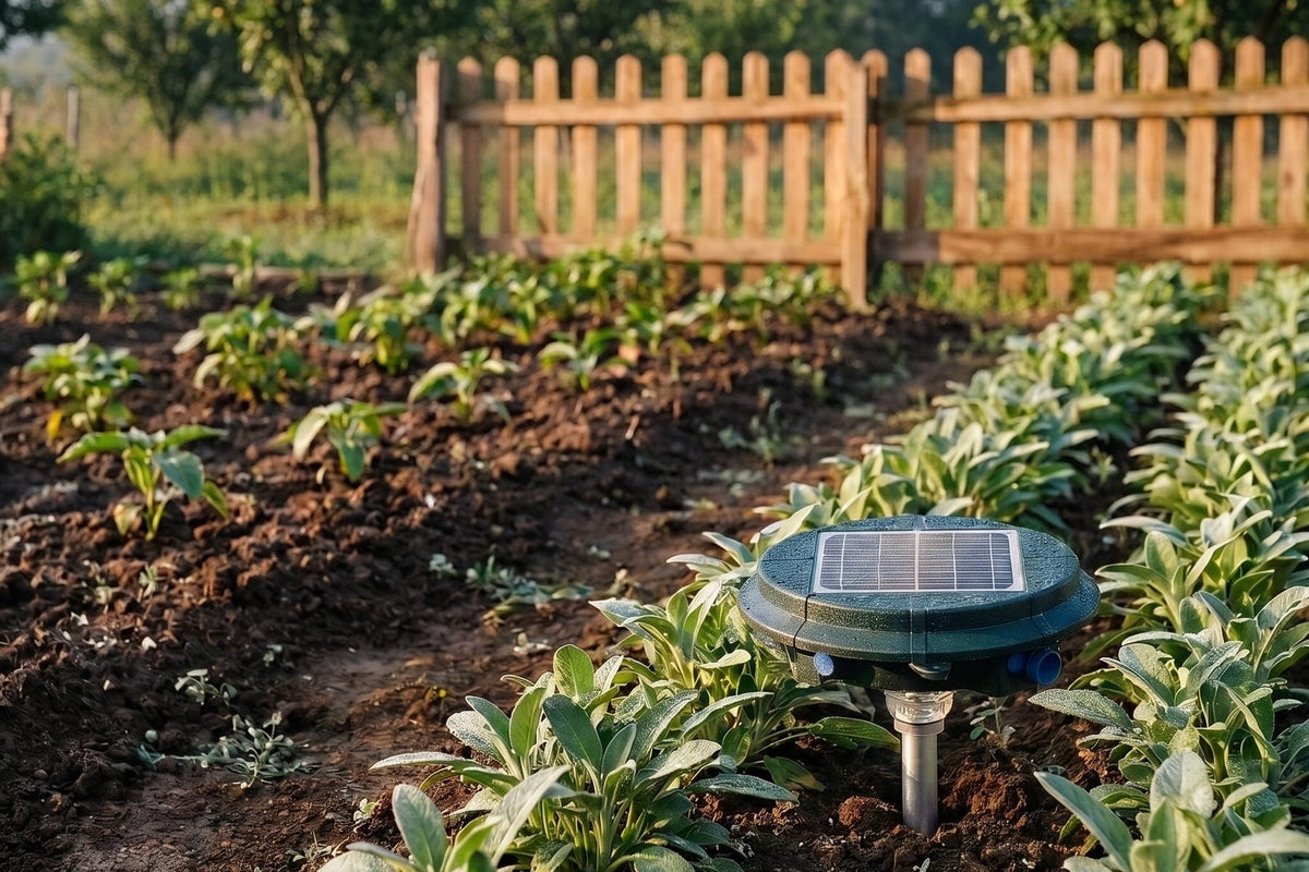 TAREX TP-1500 solar repeller between plant rows in a fenced vegetable garden