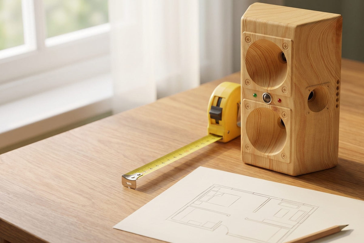 TP-200 on a table with a tape measure and floor plan sketch