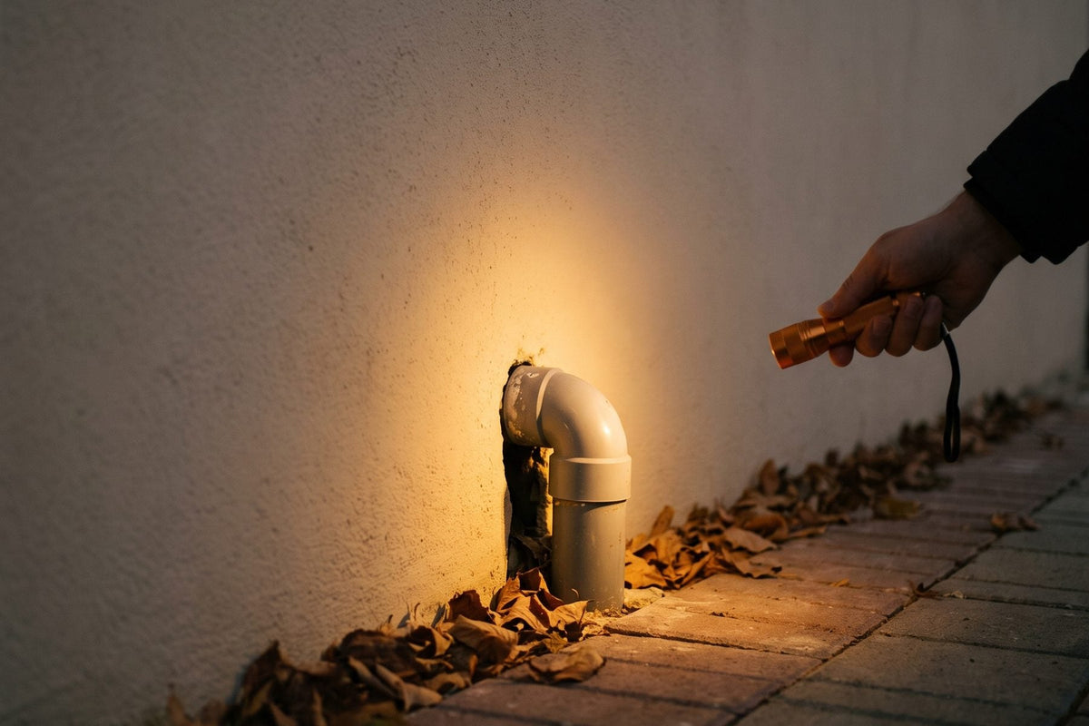 Flashlight lighting a gap where a pipe enters an outside wall