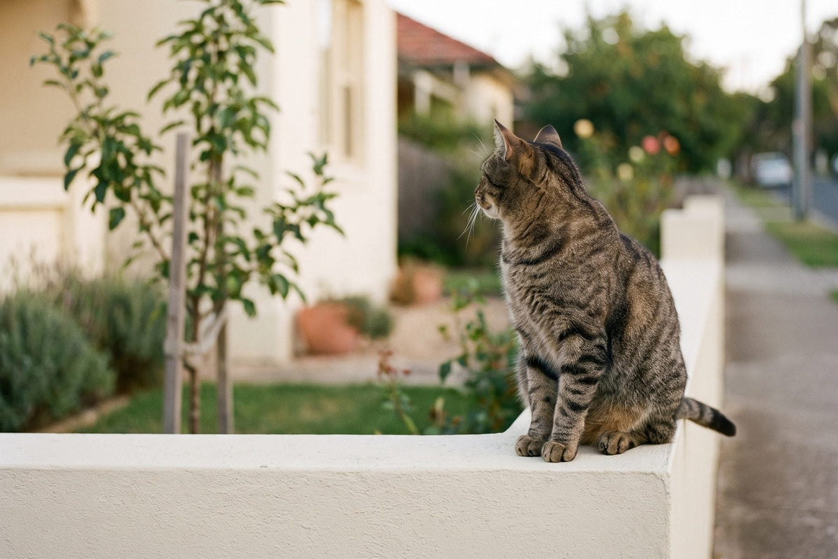 Tabby cat sitting on a low white garden wall beside a street