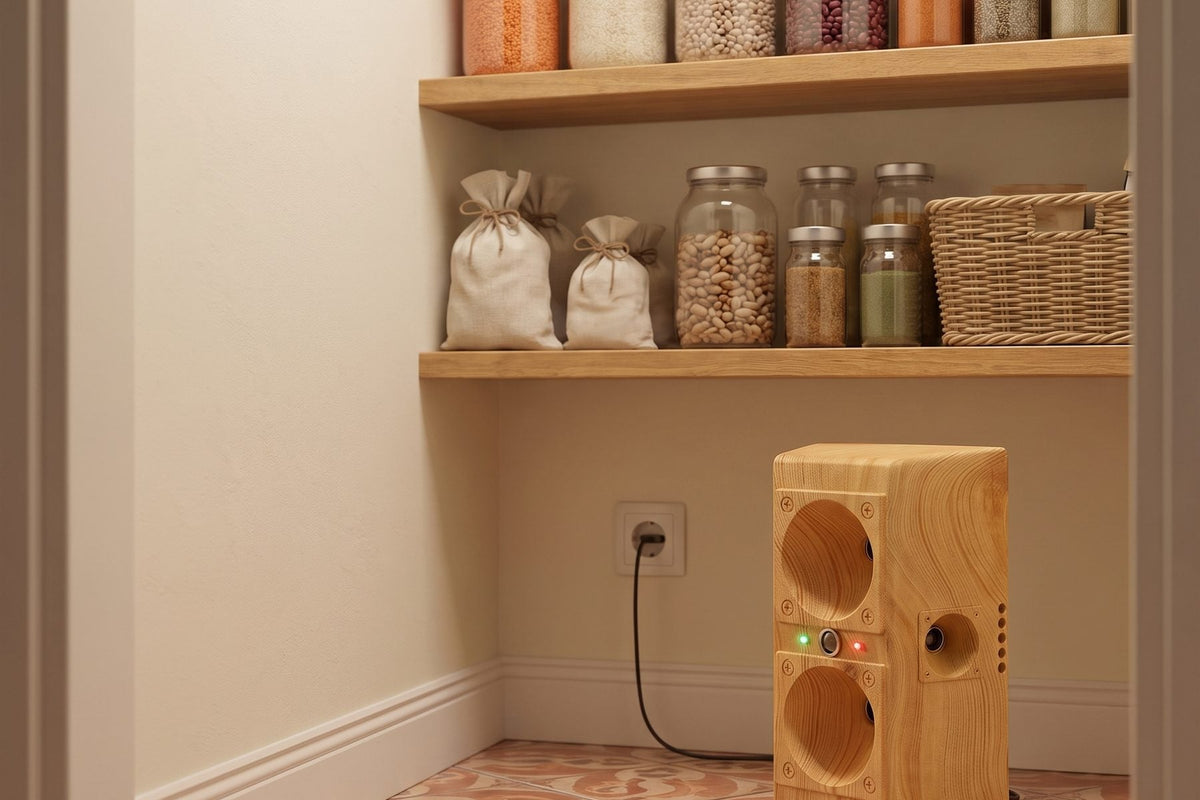 TP-200 plugged in under pantry shelves holding jars and cloth sacks