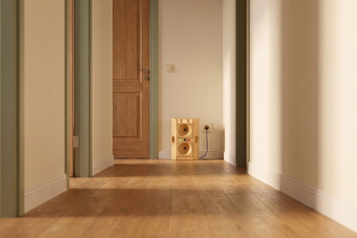 Empty hallway, TP-200 plugged into a low socket at the far end