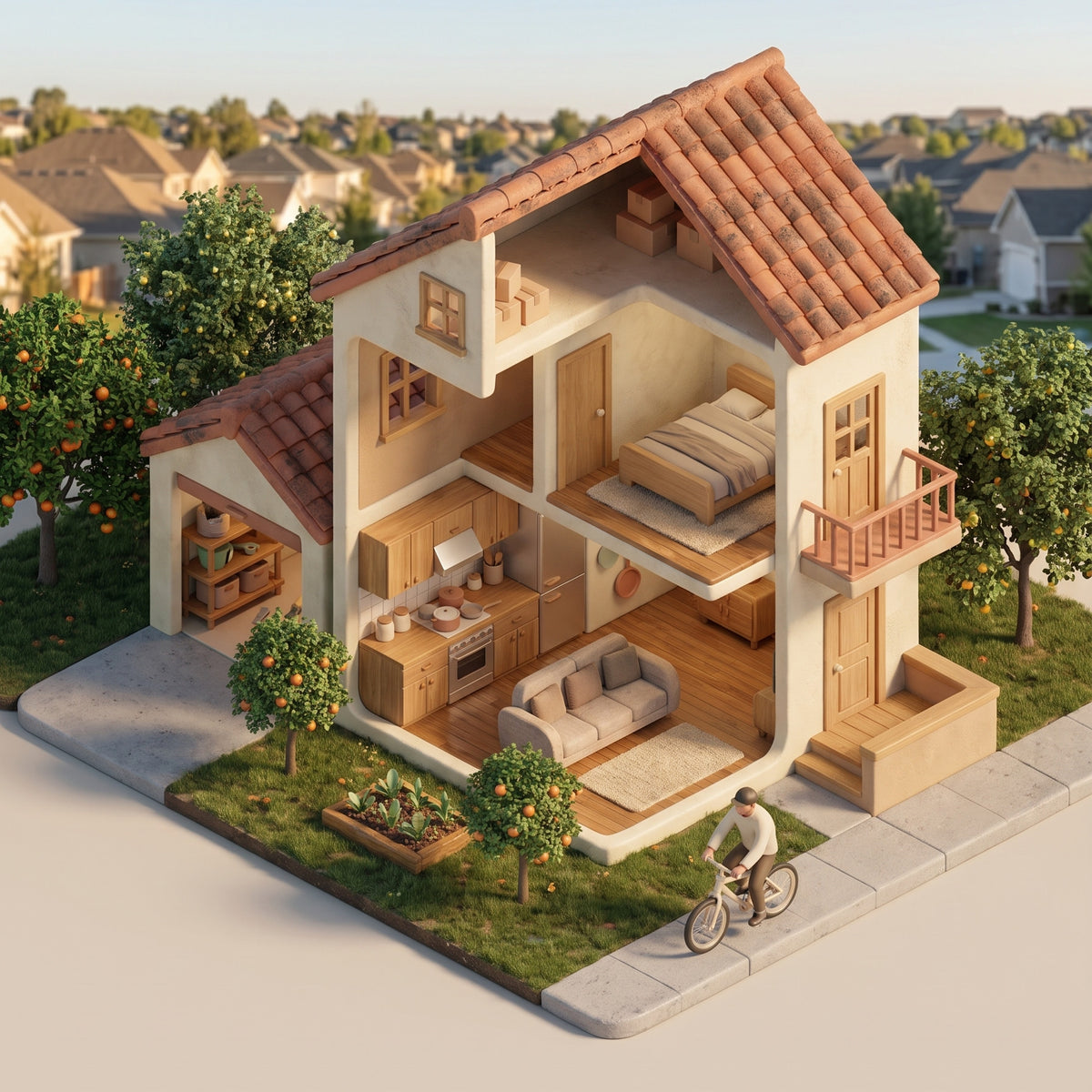 Overhead illustration of a home and its surroundings; numbered points show the suggested device for each corner