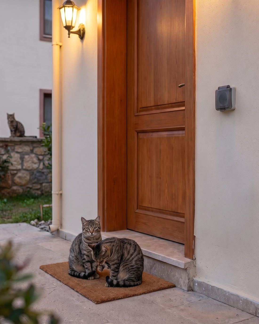 Before: two cats on the doormat