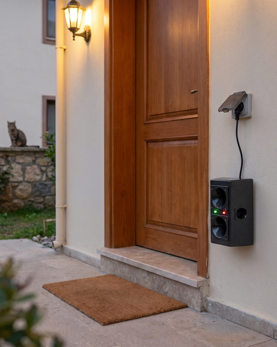 After: a TP-150 plugged in beside the door; the doormat is empty