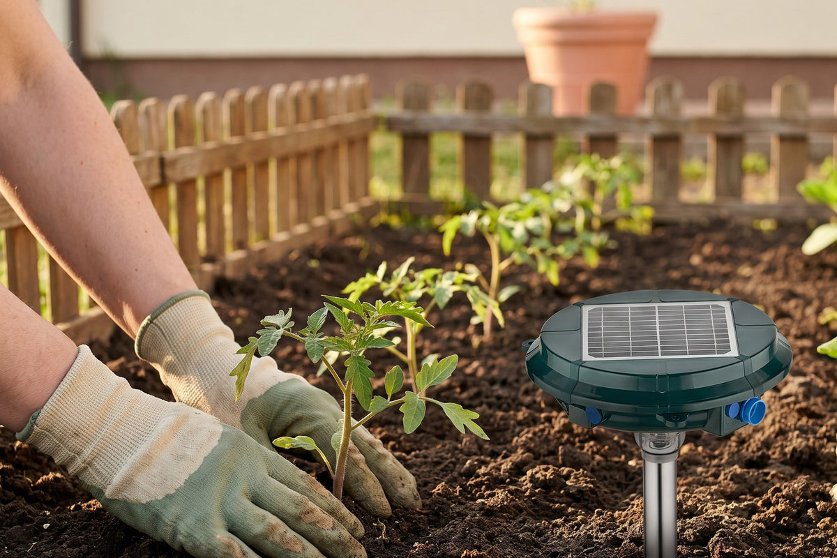 TAREX TP-1500 solar repeller in a garden bed, gloved hands planting