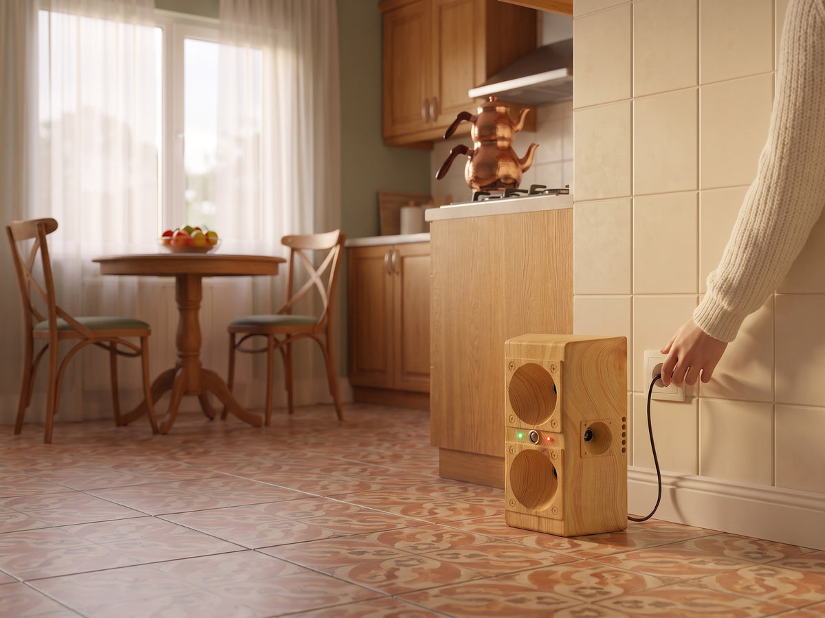 Person plugging a TP-200 into a kitchen wall socket near the counter