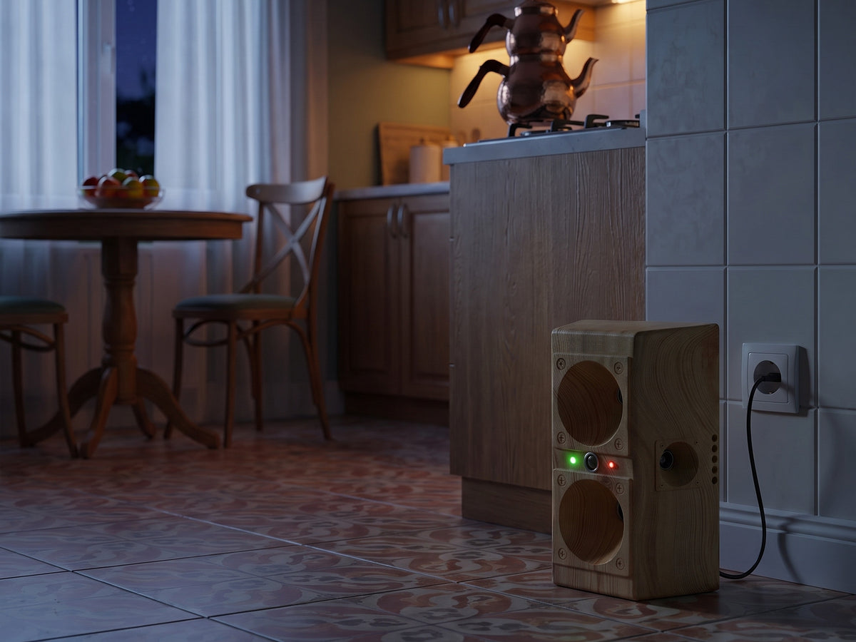 Empty kitchen at night with TP-200 plugged in, indicator lights on