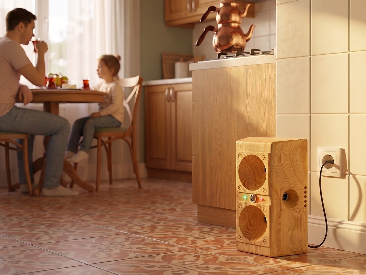 Morning kitchen: adult and child at table, TP-200 plugged in nearby