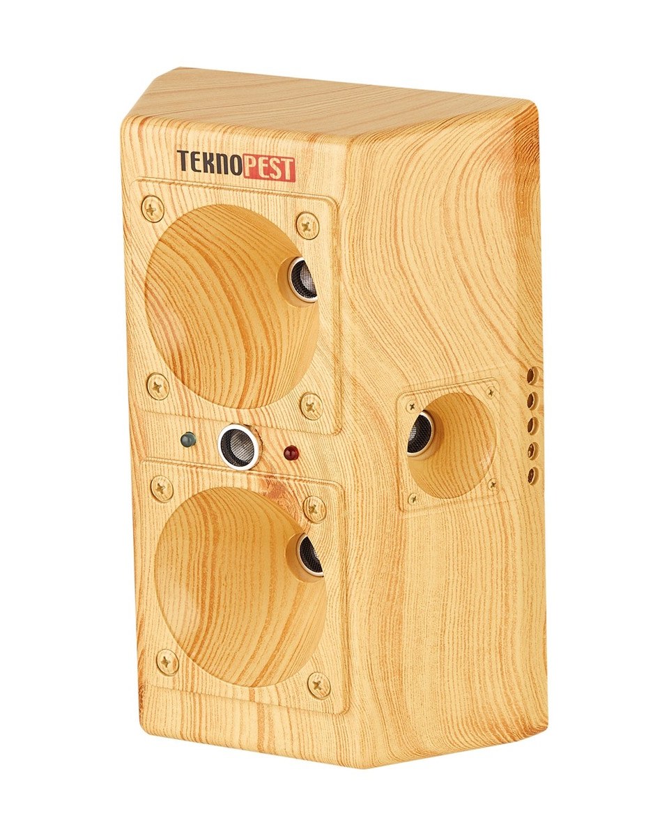 TP-200 from the front and side: wood-grain casing, ultrasonic outputs and indicator lights