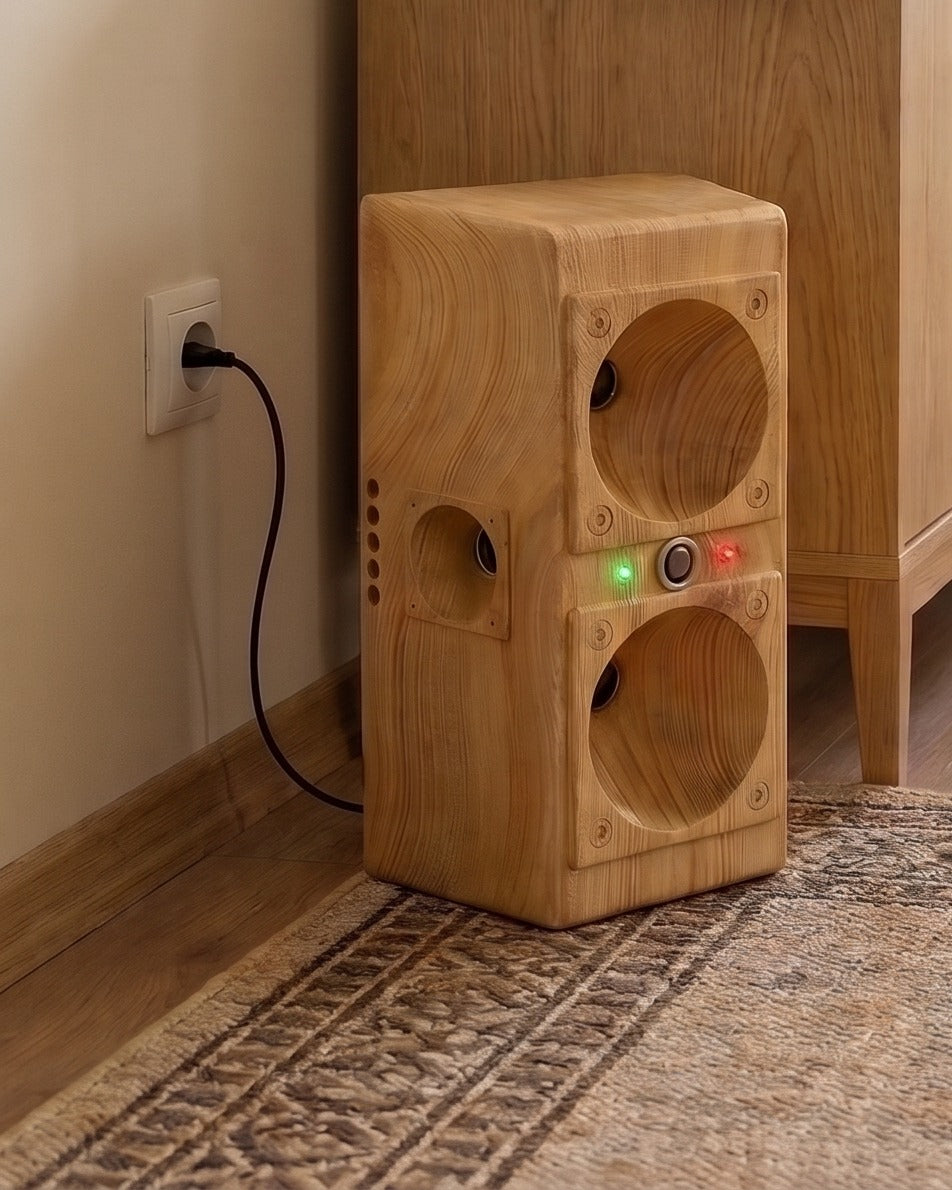 TP-200 plugged in beside a sideboard in a living room
