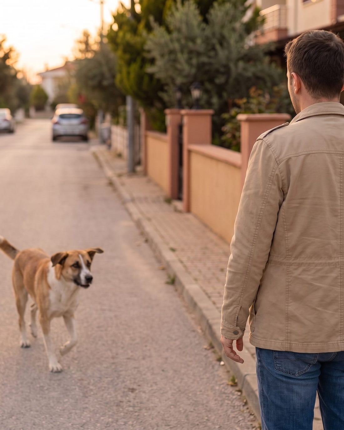 Before: on an evening street a dog approaches; hands empty