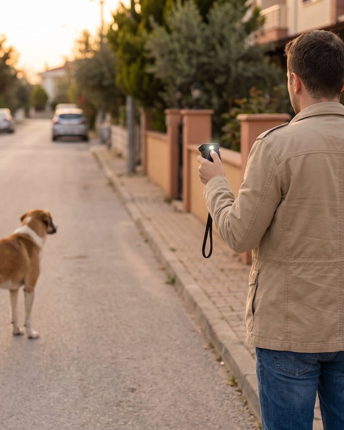 After: the man points the TP-20 at the dog, its light on; the dog has stopped